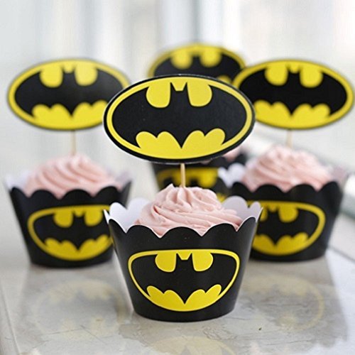 Set of 12 Batman Kids Birthday Party Paper Cupcake Liner Wrap Wrappers with Toppers