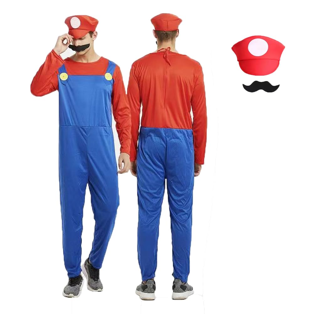 IDOTTA Halloween Plumber Costume Outfits for Kids Adult Unisex Cosplay Fancy Dress up with Bros Hats Cap Mustaches Halloween Cosplay Carnival