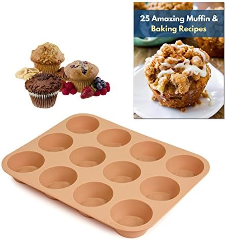 Silicone Muffin Pan - 12 Silicone Mold Large Cupcake Pan - Non Stick Silicone Molds for Baking Muffins, Cupcakes, Mini Cakes, Quiches - Hazelnut Color - Dishwasher Safe