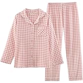 codcm Womens Cotton Pajama Sets Long Sleeve Button Down Shirt and Pants Sleepwear 2 Piece Gingham Pj Set