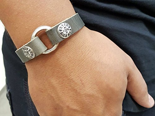 Grey handmade silver and leather ring bracelet for men,…