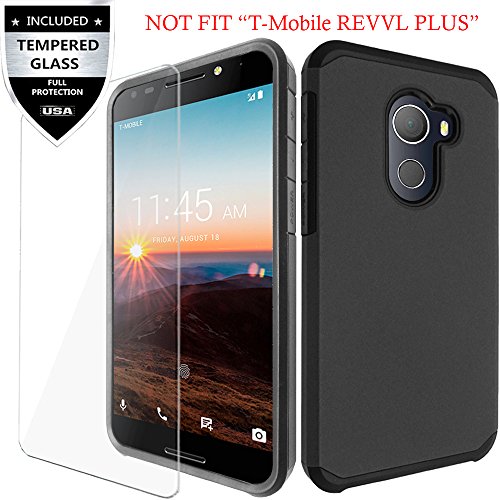 T-Mobile REVVL Case, Alcatel A30 FIERCE / Alcatel A30 Plus / Alcatel Walters Case With Tempered Glass Screen Protector,IDEA LINE(TM)Heavy Duty Hybrid Hard Shockproof Slim Fit Cover - Black