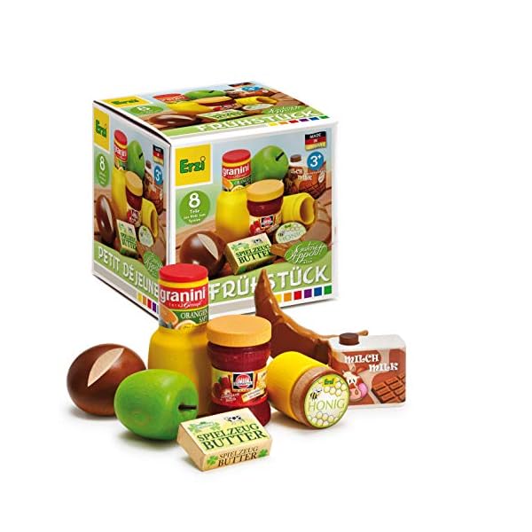 Erzi 28152 Sortierung Frühstück aus Holz, Kaufladenartikel für Kinder, Rollenspiele