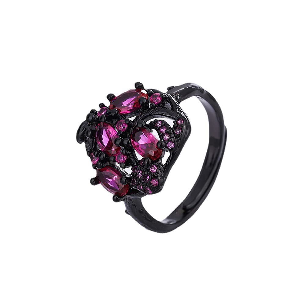 Chengxun Black Inlaid Rose Red Diamonds Adjustable Rings for Women Simple Branch Flower Ring Jewelry