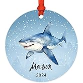 Andaz Press 3.5" Metal Personalized Shark Ornament 2026, Blue Shark Design, Custom Shark Ornaments for Christmas Tree, Customized Shark Christmas Ornament for Kids, Shark Lovers, Marine Life