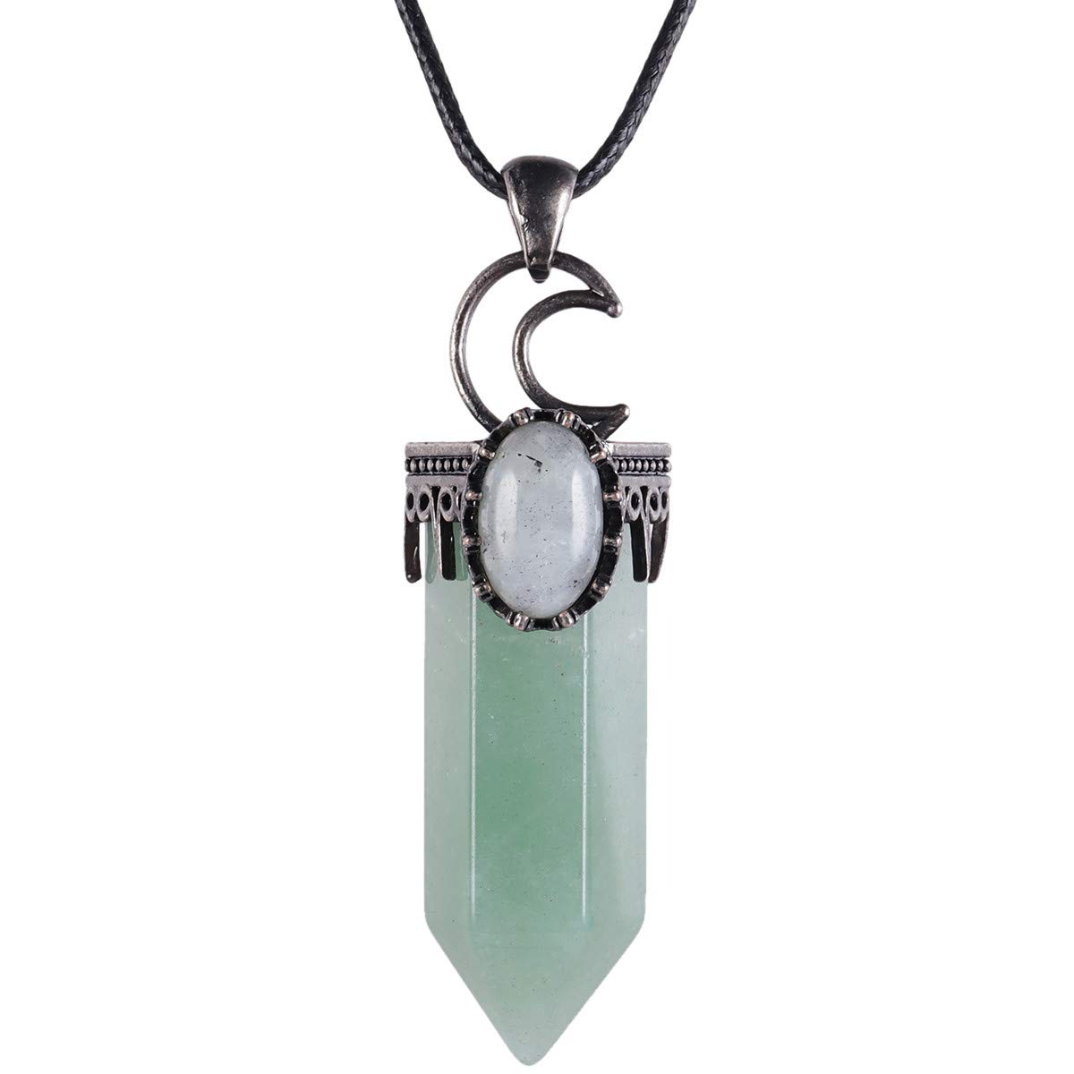 Nupuyai Vintage Moon Green Aventurine Crystal Point Pendant Necklace for Women, Hexagonal Stone Energy Protection Pendant with Chain