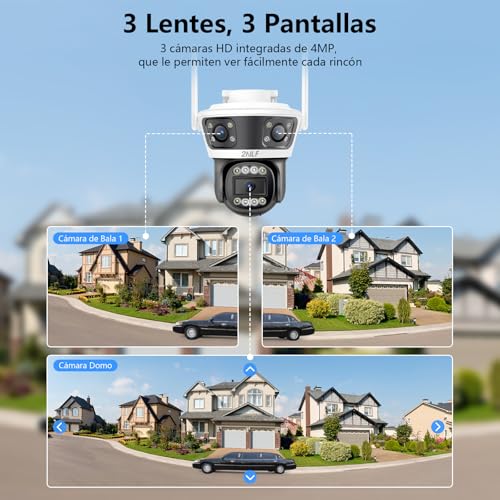 2NLF Cámara de Seguridad Exterior de 12MP con 360° PTZ, 3 Lentes Cámara WiFi con Visión Nocturna a Color, Zoom Digital 10X, Detección de Movimiento y Audio Bidireccional, Resistente al Agua IP66