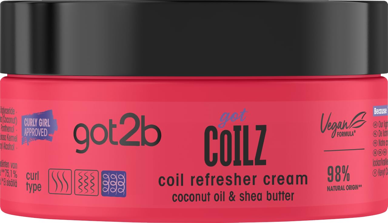 Got2b, Vegan, Curl and Coil Refresher Hair Cream, Infused with Coconut Oil, Castor Oil, Argan Oil and Shea Butter, Curl Enhancing, 200ml