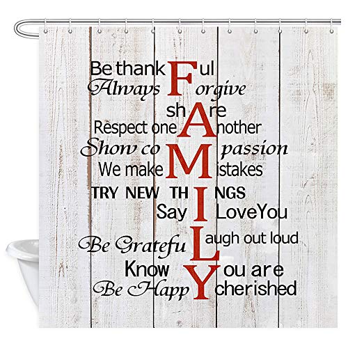 Family-Inspirational-Motivational-Quotes-Rustic-Wooden-Shower-Curtain-Inspirational-Family-Rules-Words-on-Country-Wood-Board-Shower-Curtain-Fabric-Rustic-Cabin-Shower-Curtain-12PCS-Hooks-69X70IN