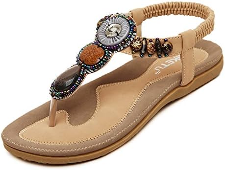 Sandals Women Bohemia Beads Summer Shoes Wild Casual Beach Flats Apricot 8