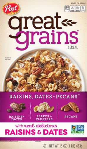 GREAT GRAINS RAISINS DATES AND PECANS BREAKFAST CEREAL, RAISIN CEREAL WITH SWEET DATES AND GRANOLA CLUSTERS, NON-GMO PROJECT VERIFIED, 16 OZ BOX