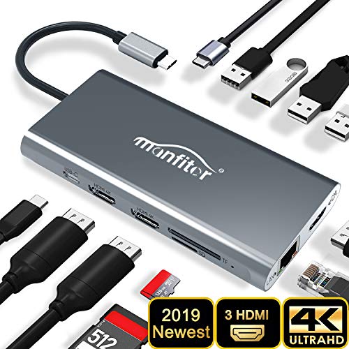Manfiter USB C HUB Adapter, Latest 12 in 1 Type C Hub Triple Display USB C Docking Station with 3 HDMI/USB3.0 Type C/4 USB Ports/100W PD 3.0/SD&TF Card Reader/Ethernet for MacBook&Type C Laptops