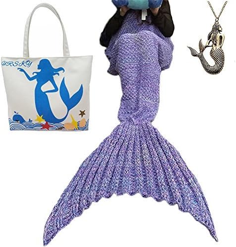 URSKY Crochet Knitted Sofa Living Room Mermaid Tail Blanket, Cozy and Soft All Season Mermaid Tail Pattern Throw Sleeping Bag For Adult, Teens and Child ,71x35.5Round Tail Purple New by URSKY