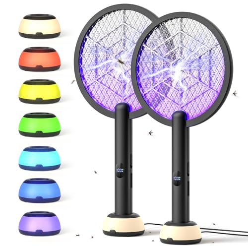 YISSVIC Electric Mosquito Racket 2PCS Electric Mosquito Killer 3 in 1 with Light Base 4000V 1800mAh Rechargeable USB-C Electric Fly Swatter UV Light Black