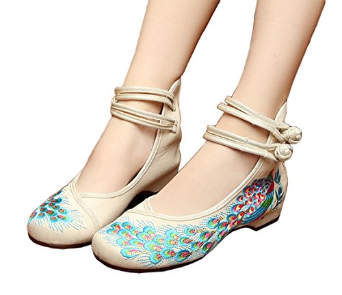 AvaCostume Peacock Embroidery Spangly Beading Girls Platform Prom Dress Shoes, Beige, 38