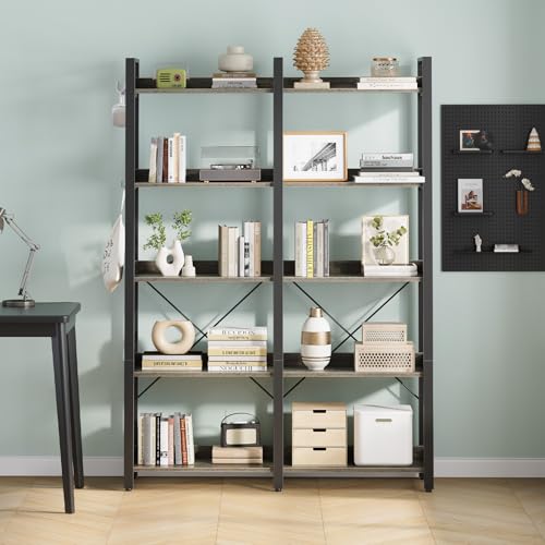 Seventable 5 Tier Large Bookshelf, 63" Tall Industrial Bookcase with 4 Hooks, Wooden Bookcase for Home Office Living Room, 43.3” Wide Standing Storage Shelf with Open Shelves, Grey