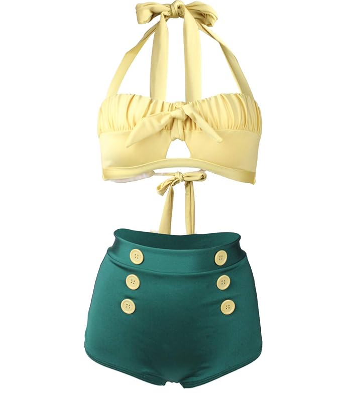 Viloree Rockabilly Damen Hoher Taille Bademode Bikini Set Push Up Neckholder Bauchweg