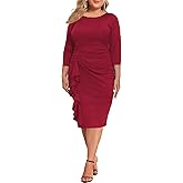Plus Size Dresses for Curvy Women 3/4 Sleeve Bodycon Fit Ruffle Midi Pencil Dress