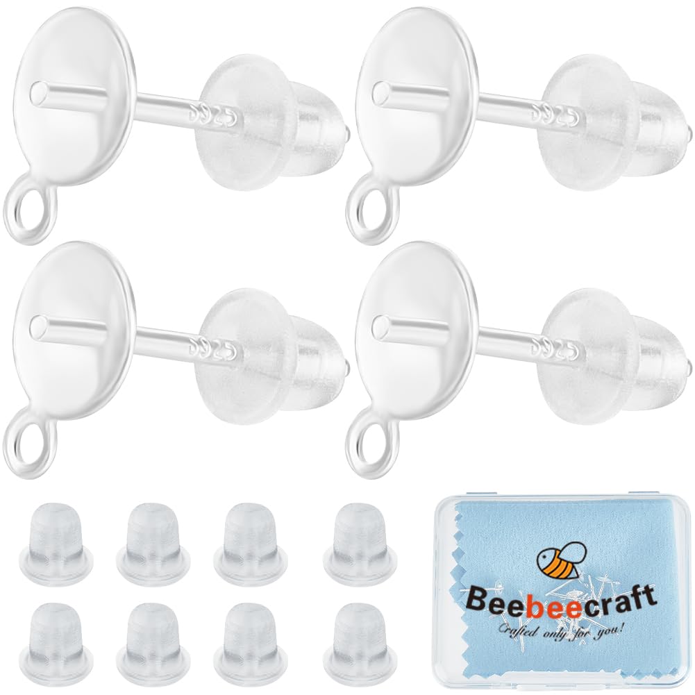 Beebeecraft 1 Box 20Pcs Pearl Cup 925 Sterling Silver Stud Earring Findings with 50Pcs Plastic Ear Nuts for Half Drilled Beads DIY Jewellery Making