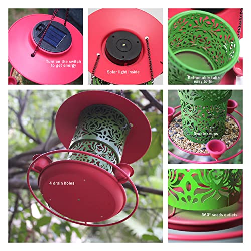 Solar Bird Feeders for Outdoors Hanging Garden Light,Metal Tube Feeders for Wild Birds Cardinals Feeding Station Retractable,3 Water Cups,Big Roof
