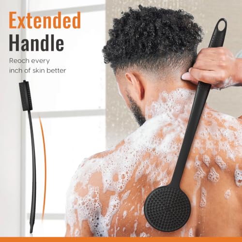 Silicone Back Scrubber, 17In Extended Anti-Slip Handle Body Scrubber Body Brush Back Brush Long Handle for Shower Double Sided Shower Brush Back Washer for Cleansing and Exfoliating, Bath Essentials