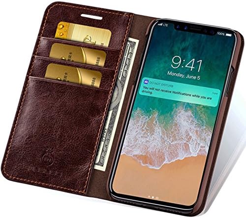 iPhone X Leather Wallet Phone Case Slim Flip Cover with Kickstand (Brown)
