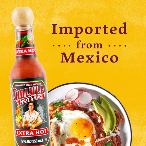 CHOLULA HOT SAUCE, EXTRA HOT, PRODUCT OF MEXICO, BLEND OF ARBOL & PIQUIN PEPPERS FOR BRINGING EXTRA HOT HEAT TO TACOS, EGGS, PIZZA AND MORE, 5 FL OZ
