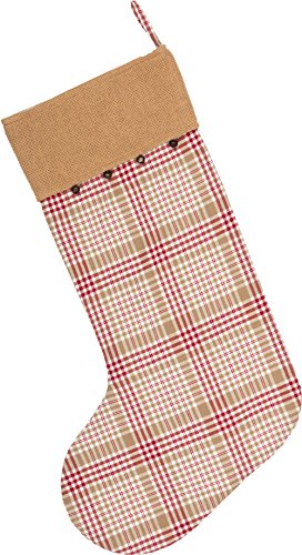 Piper Classics Red and Tan Plaid & Burlap Christmas Stocking w/Jingle Bells, 12" x 20", Country Farmhouse Holiday Decor - Thumbnail 3