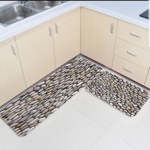 SUN-Shine 2 Piece Kitchen Mats and Rugs Set Cobblestone Pebble Road Home Deocr Non Skid Area Runner Doormats Carpet
