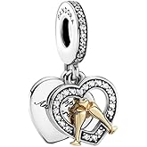 PANDORA Two-Tone Happy Anniversary Dangle Charm - Compatible Moments - Jewelry for Women - Gift for Women - Sterling Silver, Gold & Cubic Zirconia - With Gift Box