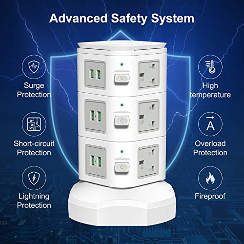 bedee Tower Extension Lead, Surge Protector Extension Lead with 6 USB Slots and 9 Outlet Plugs, Power Strip Tower with 10W Fast Wireless Charger, 6.5ft Extension Cord