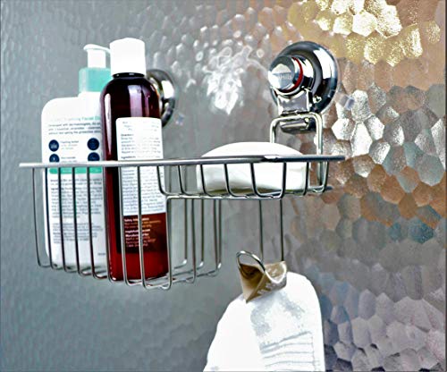 BlueHills Super Strong Premium Rust Proof Stainless-Steel Metal Suction Cup for Bathroom Kitchen Large Caddy, Soap Shampoo Makeup Spice Suction Cup Kitchen Caddy Organizer with Hooks, C002