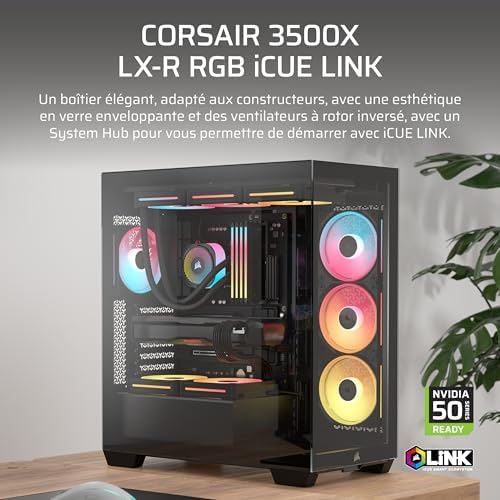 3500X LX-R RGB Boîtier PC Mi-Tour avec Vitre Panoramique – 3 Ventilateurs RGB LX120-R Préinstallés, Comprend System Hub, Peut Accueillir Jusqu'à 10 Ventilateurs de 120 mm – Noir