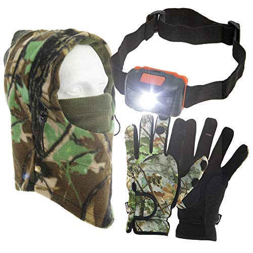Fishing Gloves - Neoprene, Folding Fingers, LED Head Torch, Camo Snood Hat - Unisex-Adults, Fishing Enthusiasts - Small, Medium, Large, Extra Large