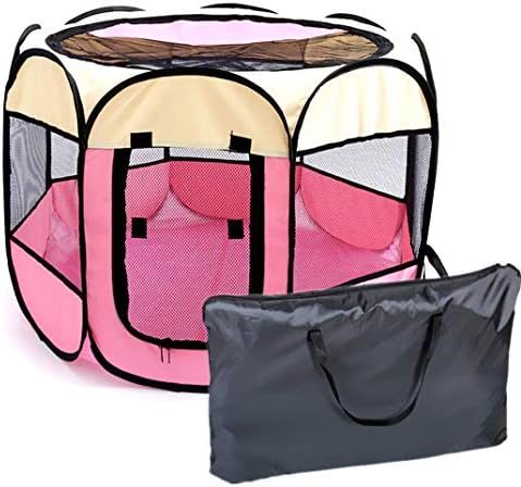 Floving 八角形ペット 折りたたみサークル プレイサークル ペットテント ペットハウス ペット用ケージ サークル ケージ アウトドア コンパクト 屋外 屋内 犬 ピンク S 74 43cm