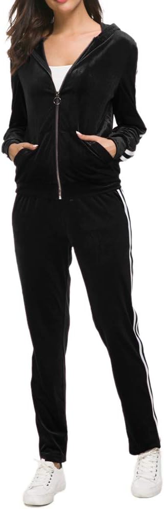 Women's 2 Piece Solid Velvet Tracksuit Set Striped Full Zip-up Hooded Sweatshirts & Pants Set