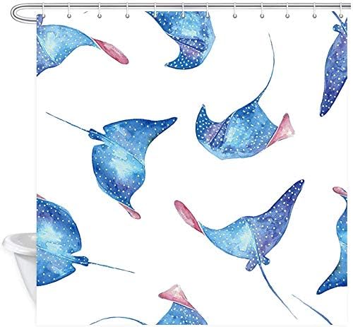 heigudan Sea Life Shower Curtain, Watercolor Devil Fish Manta RayShower Curtain Bathroom Waterproof Polyester Bath Curtain with 12 Hooks