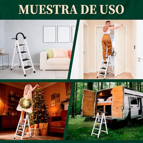 Unicame Escalera Plegable para Casa,Escalera Plegable 4 Peldaños,Diseño Antideslizante,Diseño de Cierre de Seguridad,Escalera Tubular,Escalera de Tijera,para Hogar Oficina Almacén-Negro (Blanco)