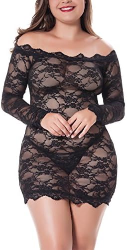 Fenxxxl Women's Plus Size Lingerie Lace Bodysuit Off Shoulder Chemises Babydoll See Through Teddy Dress S-4XL
