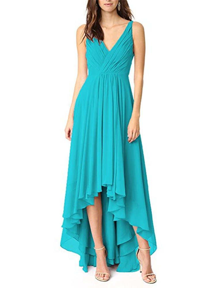 Jdress Women's Long Hi Low Prom Dresses Chiffon VNeck Bridesmaid Gowns for Weddings Turquoise