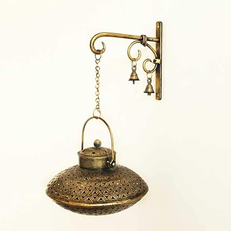 Sadhubelas Handcrafted Iron Degchi Handi Pot - A Dhoop Incense Holder with Brass Bell Art Iron Hanger- 9x9x 6