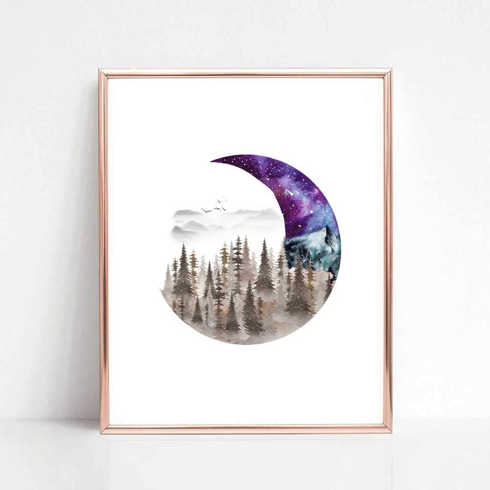 Moon Creative Art Print Forest Space Galaxy Watercolor Painting Unique Art Gift Home Wall Decor 8x10 inch No Frame