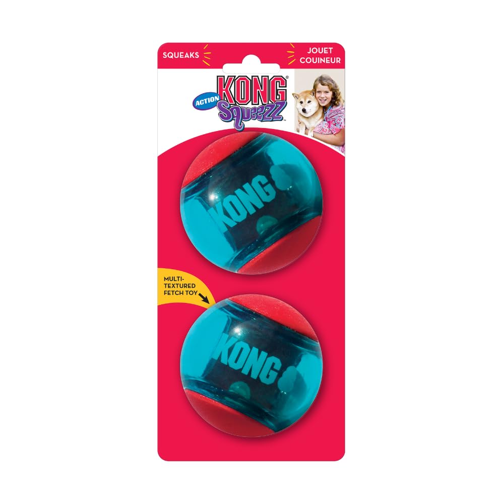 KONG - Squeezz Action Ball Red - Multi Textured Squeaker Interactive Fetch Toy - For Large Dogs