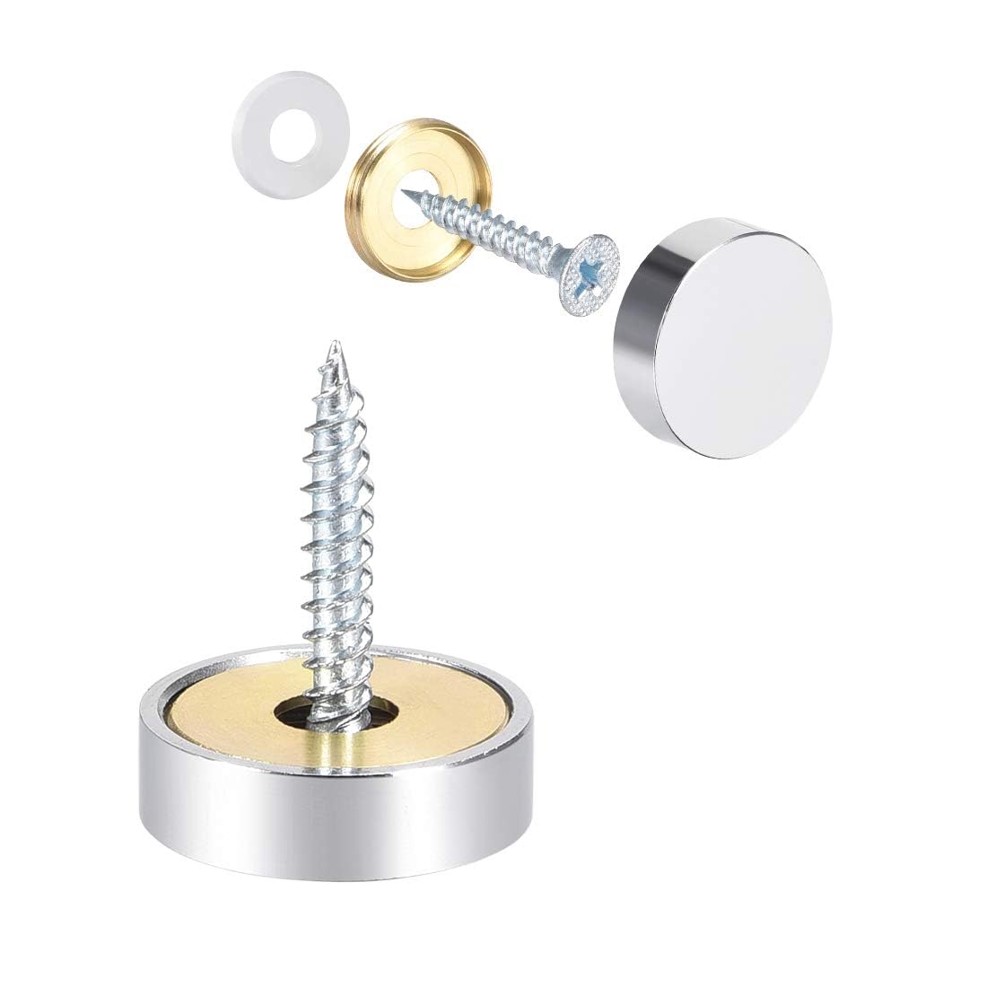 TOP-VIGOR 4Pcs Mirror Screws, 20mm brass Mirror Screws Cap Nail with Washers, Decorative Cap Covers Polished Mirror Nails for Mirrors, Furniture Fittings, Tables, Wardrobes, Glass, Silver