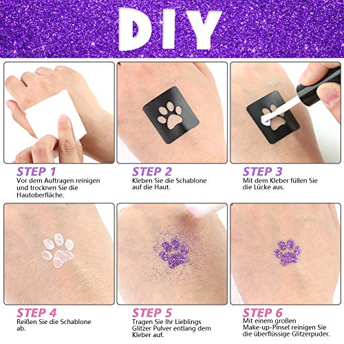 Koogel Kinder Glitzer Tatoo Set, 24 Farben Temporäre Glitzer Tattoo Kit Make Up Körper Glitzer mit 160 Schablonen 2 Körperkleber 5 Bürsten für Kinder Künstlerische Partei Festivals