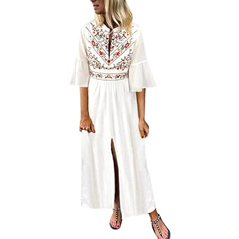? Loveso? Damen Beiläufige Lose Kleid Blumenmuster Langarm Boho Lang Maxi Kleid Trompetenärmel Kleid