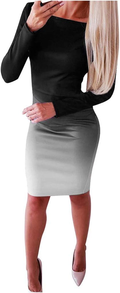 Kiminini Women Sexy Gradient Color Bodycon Clubwear Mini Dress Classic Elegant Long Sleeve Slim Fit Evening Party Dress