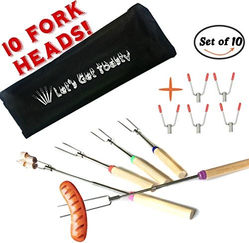 Marshmallow Roasting Sticks Extendable 32” Telescoping Rotating Forks 5 Piece set with Bonus 5 Interchangeable Heads, 10 Bamboo Skewers and Storage Bag By Kitchenson Campfires, Camping, Fire Pit, BBQ
