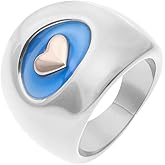 Kokoma Dainty Heart Statement Ring for Women Minimalist Stainless Steel Thick Chunky Dome Band Rings Blue Hearts Stacking Promise Bands Jewelry