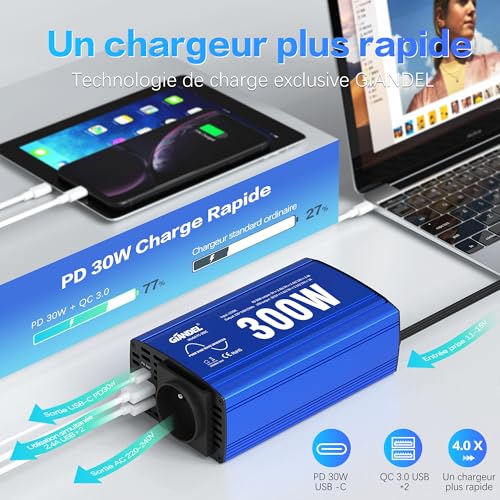 300W Pure Sine Converter 12V 220V 230V Pure Sine Wave Inverter Car Adapter with PD30W Type-C & QC 3.0 Type-A USB for Tablets Smartphones GIANDEL